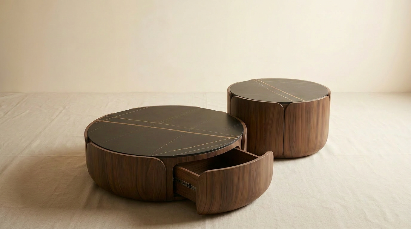 Table basse gigogne noyer & marbre noir