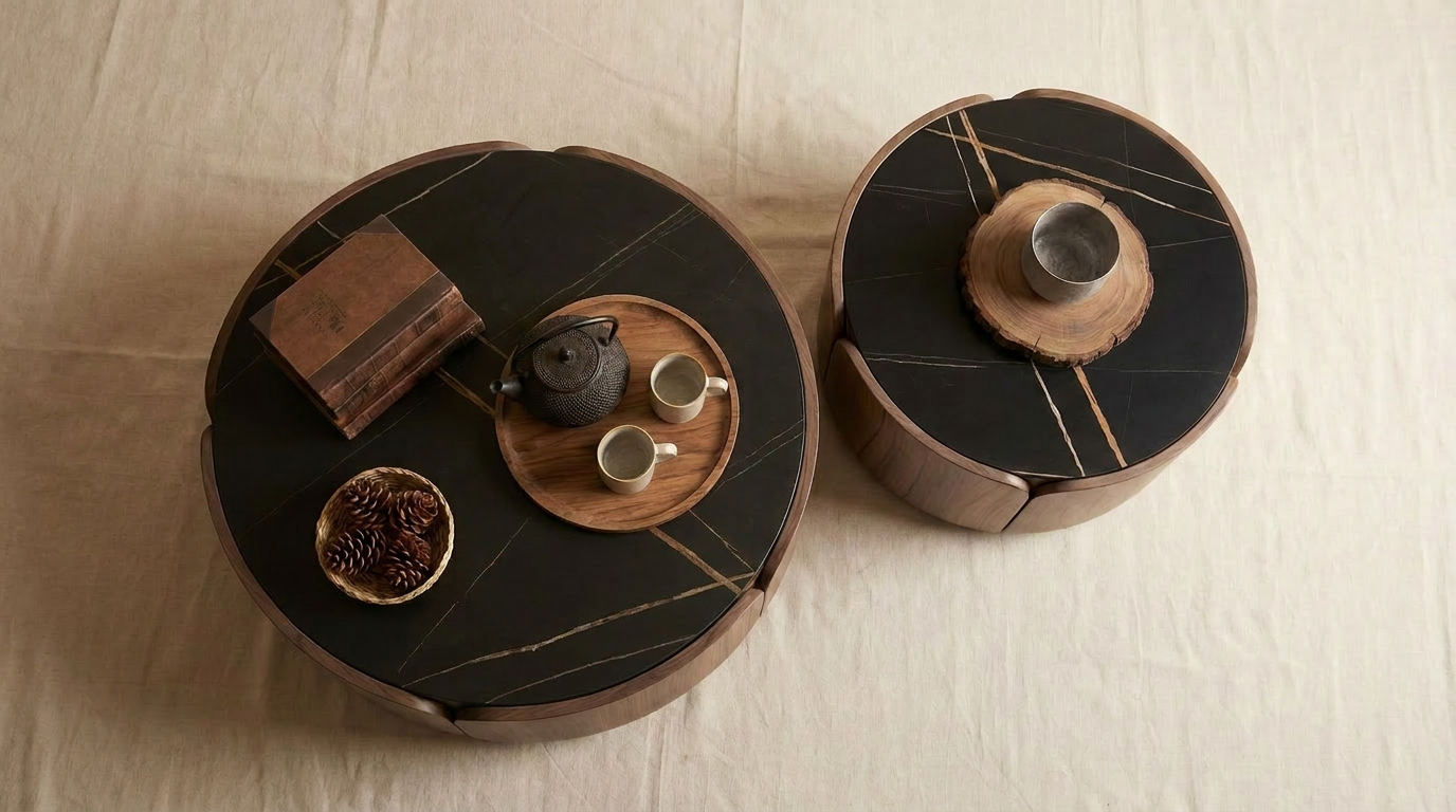 Table basse gigogne noyer & marbre noir