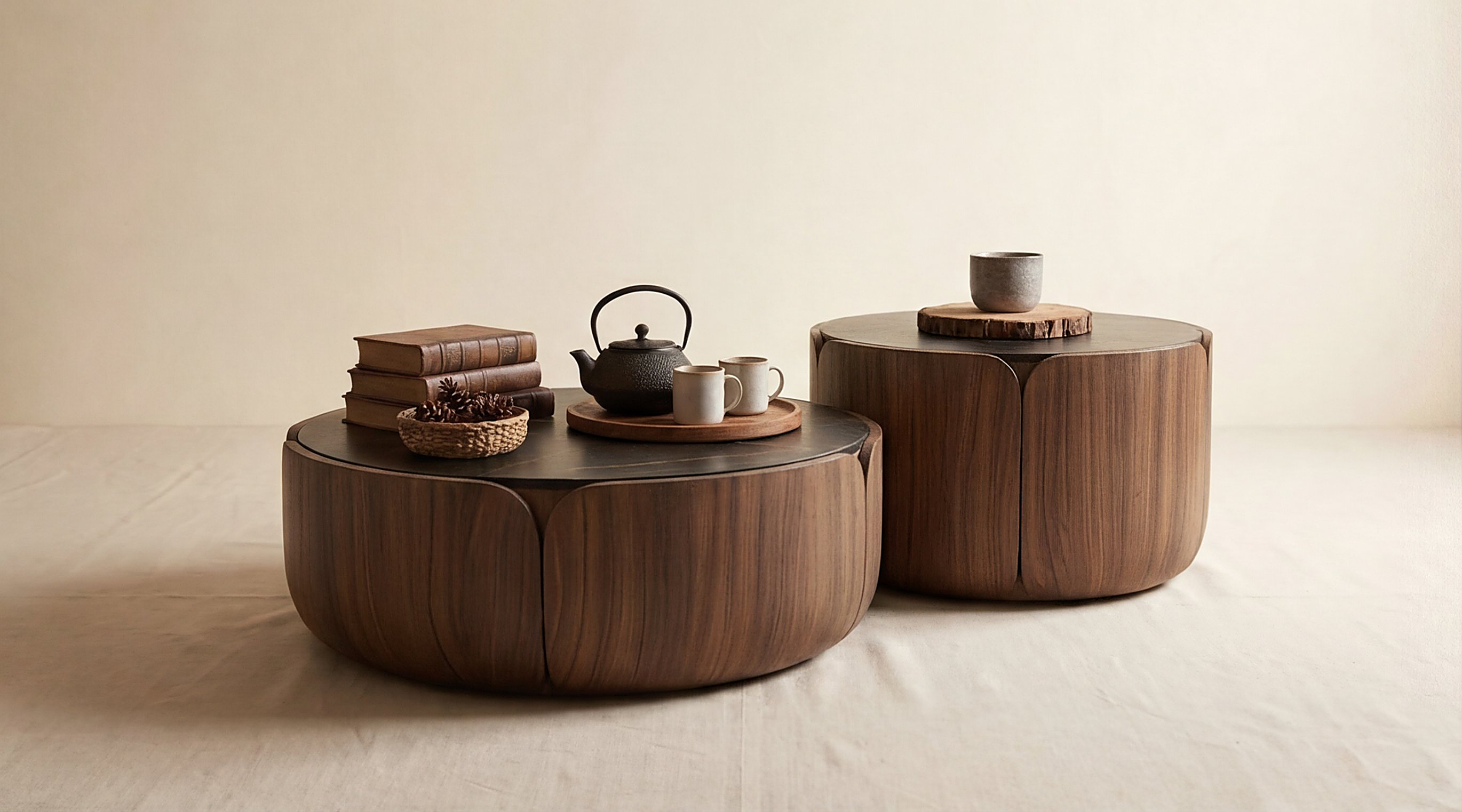 Table basse gigogne noyer & marbre noir