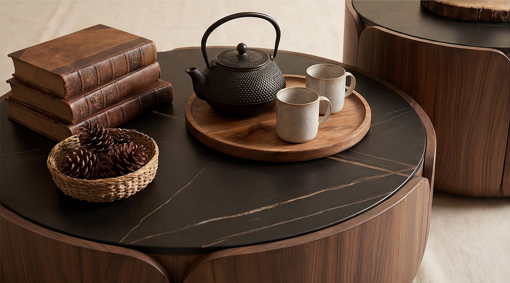 Table basse gigogne noyer & marbre noir